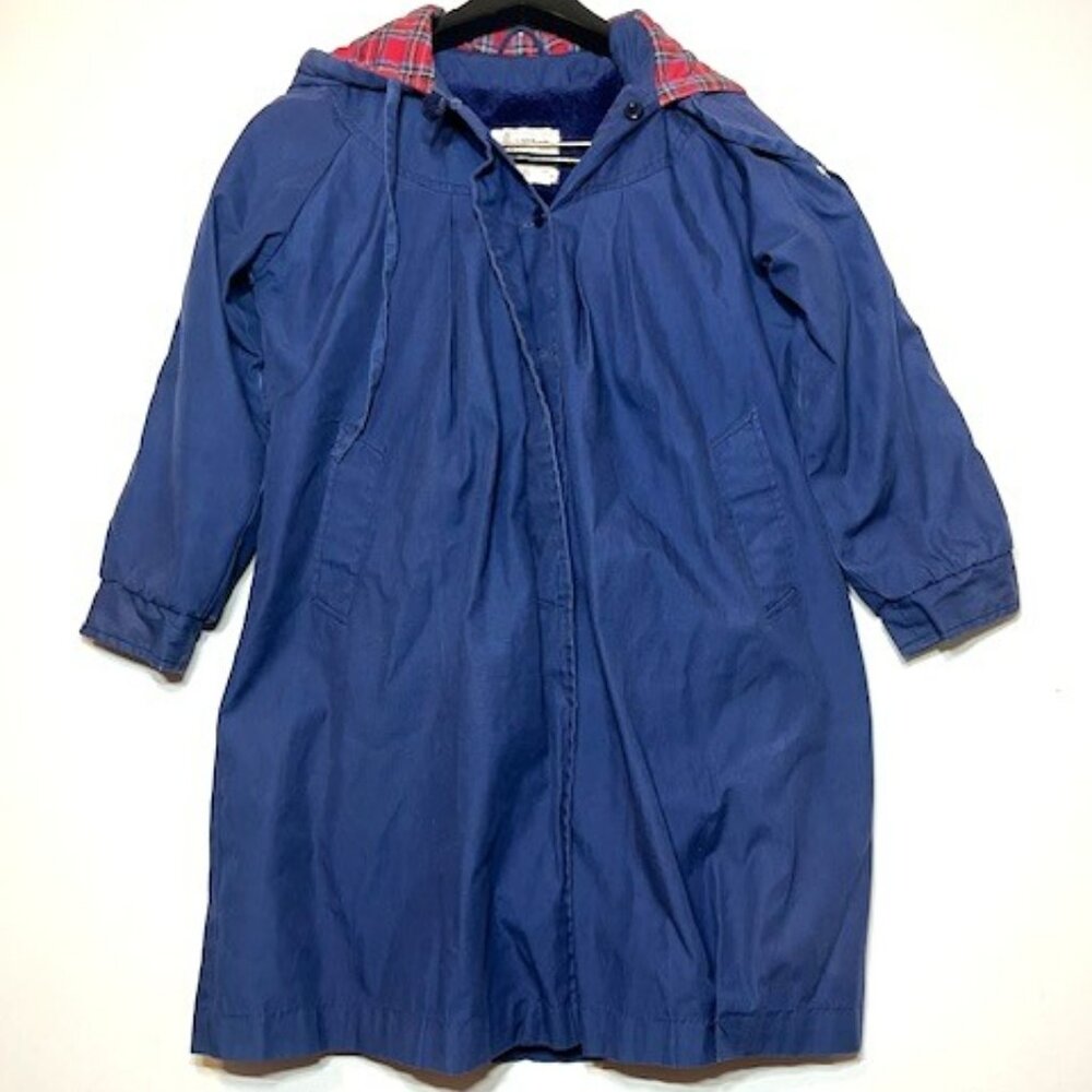 London Fog Girls Navy Vintage Red Plaid Hooded 90s Pleated Trench Coat Sz 10